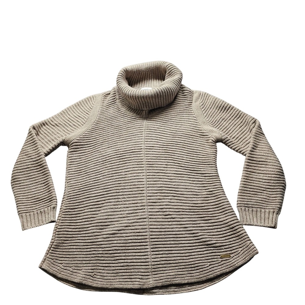 Calvin Klein Turtleneck Ribbed Knit Sweater Womens Medium Taupe Tan Long Sleeve